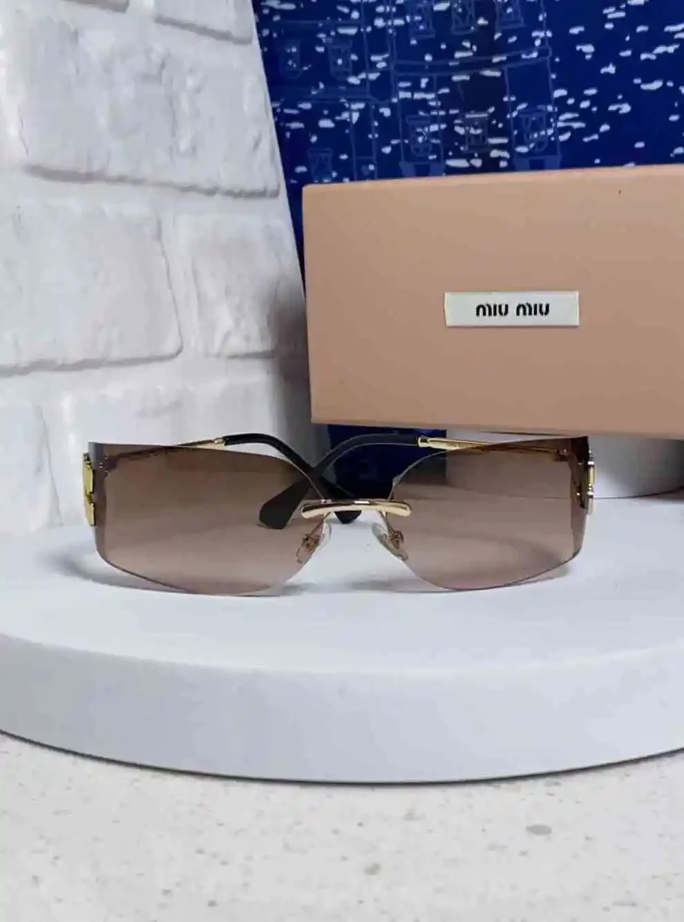 Miu Miu Rimless Gradient Brown Lens Gold Logo Sunglasses